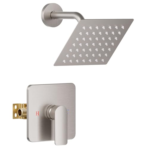 6 Inch High Pressure shower faucet with Shower Valve Kit, 5.5-inch Square Mounting Plate All Metal Shower Kit Brushed Nickel