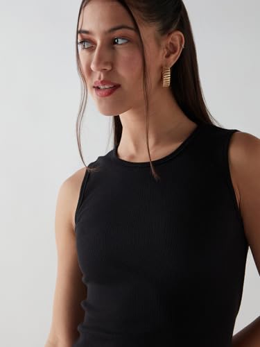 Image of Bewakoof Women's Calf Length Solid Slim Fit Sleeveless Round Neck Cotton Blend Bodycon Dress