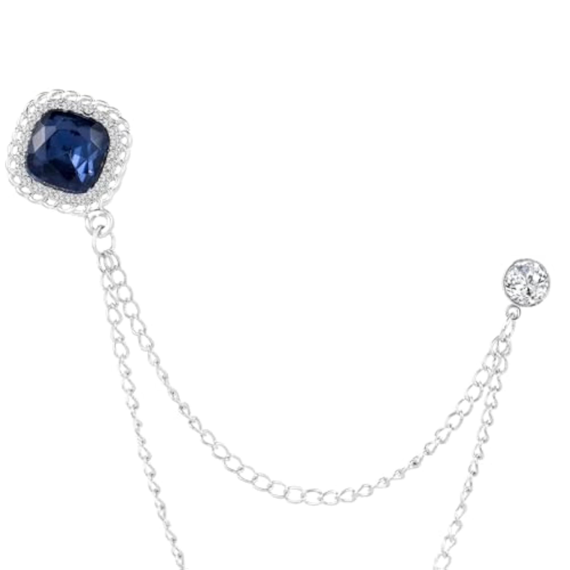 Men's Silver Plated Blue Crystal Double Chain Brooch