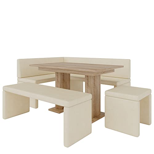 Eckbank Akiko mit Tisch und Bänken - Eckbankgruppe für Ihrem Esszimmer, Küche modern, Sitzecke, Essecke. Perfekt für Küche, Büro und Rezeption. Solide Verarbeitung (Soft 18, 196x142 rechts)