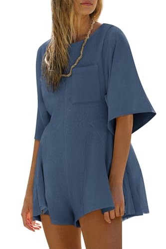 Yousify Rompers for Women 2025 Casual Spring Summer T Shirt Romper Draped Sleeves Back Keyhole Loose Jumpsuit Blue Grey XXL