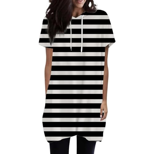 Blusa feminina de verão com capuz e manga curta casual estilo túnica leve pulôver sedoso, Preto, P