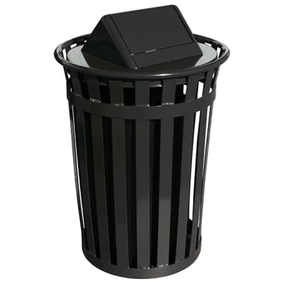 Oakmont Round 36 Gallon Commercial Trash Can | Steel Outdoor Industrial Trash Can with Swing Top | Great for Outdoor Public Spaces - Black