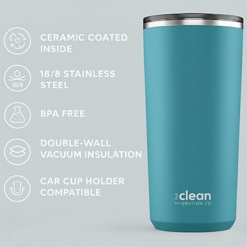 The Clean Hydration Company Tumbler Insulated with Lid, Double-Wall Vacuum, 20 Oz Travel, Office Tumbler, Hot & Cold Drinks, Ceramic Interior, Spill-Proof, BPA-Free, No Metal Taste