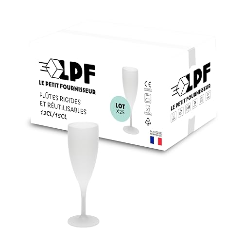LPF LE PETIT FOURNISSEUR - Lot de 25 Flûtes à champagne réutilisables 12cl (15cl max) - Polypropylène plastique alimentaire - Verre à champagne durable -...