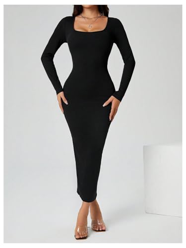 Floerns Vestido feminino básico com gola quadrada, colado ao corpo, manga comprida, justo, Preto, P