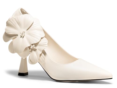 Coutgo Womens Stiletto High Heels Flower Dress Shoes Closed Pointed Toe Slip on Wedding Party Formal Pumps, Creamy-White, Size 7.5