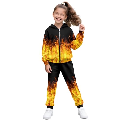 YECARYPOD Fire Print Girls Boys Clothes Fall Outfits 2 Piece Sweatsuit Zip Up Hoodie for Girls Kids Tracksuit Oversized Sweatshirt and Fall Fashion Sweatpant with Pockets Children's Sportswear