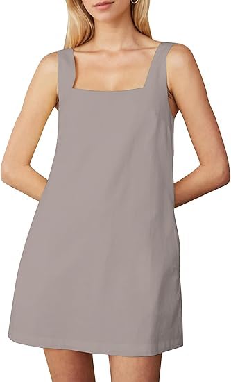 Image of Summer Linen Mini Dress for Women Sleeveless Square Neck Tank Shift Dresses Causal Backless Solid Short Sundress