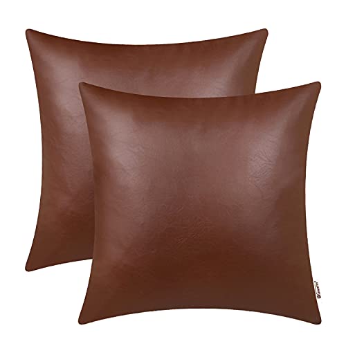 BRAWARM - BRAWARM Faux Leather Throw Pillow Covers 16 X 16 Inches - Brown Leather Pilow Covers Pack of 2, Solid Dyed Leather Pillowcases for Couch Bed Sofa Garden Home Decorative