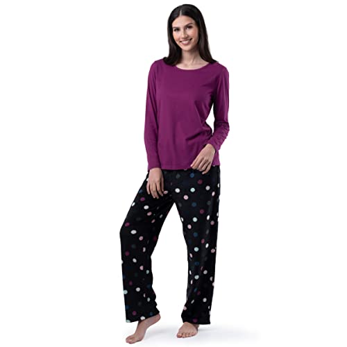 Fruit Of The Loom Women's Sueded Jersey Crew Top And Fleece Pant Sleep Set, Royal Berry/Multi Dots, Medium #TOP6