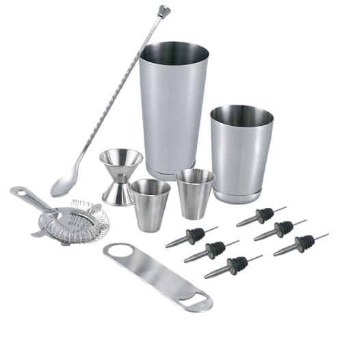 Bartender Kit - Stainless Steel Barware Set, Ideal for Home or Party - Includes Shaker, Jigger, Spoon, Muddler, Pourers, Shot Glasses, Strainer and Bottle Opener (14)