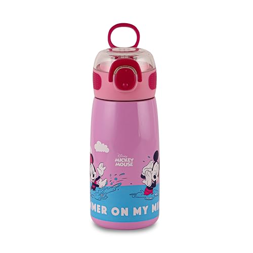 Image of Cello Kidzbee Flare 450 Insulated Stainless Steel Sipper Water Bottle 444 ml, Light Pink | Mickey Minnie Cartoon Design Hot & Cold Bottle | Vacuum Insulated Leakproof Easy to Carry Bottle for Kids
