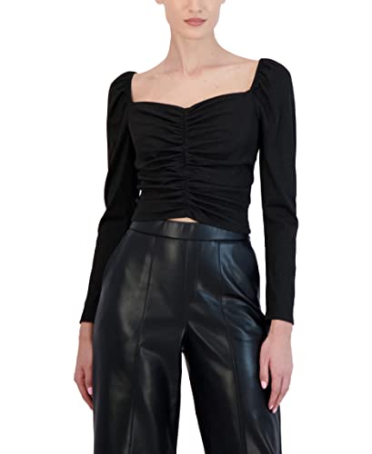 Bcbgmaxazria Women's Fitted Long Sleeve Top Ruched Bodice Sweetheart Neck Shirt, Black, Small #TOP16