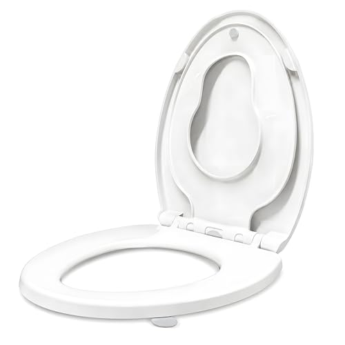 KHE Elongated Toilet Seat with Child Seat 18.5 Inch Soft Close Toilet Seat with No-Touch Handle Quick Release Non-Slip Durable PP White