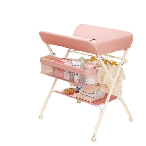 Fiyyuga ベビーケア 折おむつ交換台 折畳み おむつ替え台 簡単 折りたたみ キャスター付き移動 持ち運び 転 りたたみ式 おむつ交換台 ベビーケアステーション ママの腰痛対策 安全ベルト ポータブル収納 移動 持ち運び 簡単 (ピンク,単層)