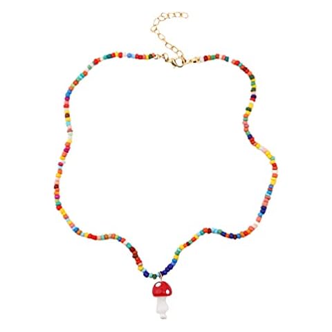 Happyyami Colorful Beaded Necklace Vintage Multi- Colour Beaded Single Layered Collarbone Chain Cute Mushroom Necklaces Pendant Cover