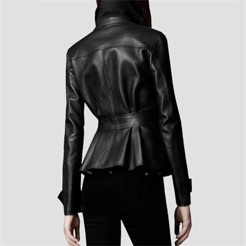 Lambskin Women’s Peplum Single Breasted Black Leather Flared Jacket For Motorcycling Partywear3