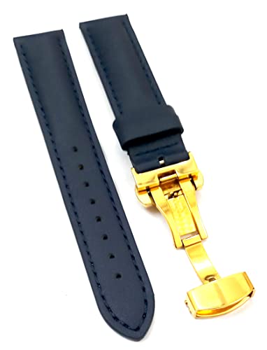 Image of 18mm 19mm 20mm 21mm 22mm 23mm 24mm Genuine Leather Butterfly Deployment Clasp Buckle Watch Band Strap Black Dark Brown TAN Blue Rose Black Gold White