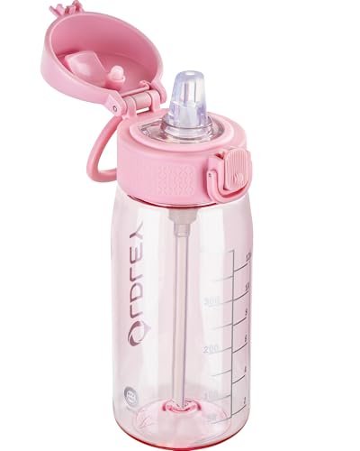 OLDLEY Kids Water Bottles with Straw 420ml/14oz BPA Free Tritan Water Bottle with Handle Leakproof Time Marker School Sports Drinking Bottle for Toddler Boys Girls (Pink)