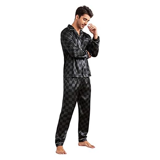 WDIRARA Men's Satin Sleepwear Plaid Button Long Sleeve Shirt and Pants Pajama Set Black L