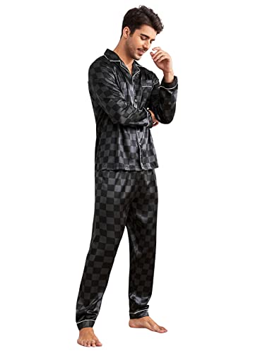 WDIRARA Men's Satin Sleepwear Plaid Button Long Sleeve Shirt and Pants Pajama Set