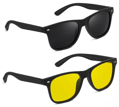 Image of Combo of Night Driving HD Vision Glasses with Diamond Cut Design and Black Daytime UV400nm Sunglass for Men Women Anti Glare For Night Bike Riding Car driving