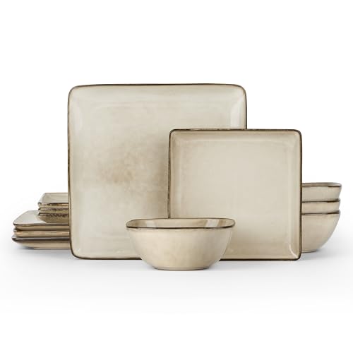 E-far Square Plates and Bowls Sets, 12-Piece Stoneware Dinnerware Sets for 4, Reactive Glaze Dish Set, Chip and Scratch Resistant, Microwave and Dishwasher Safe, Sandy Beige