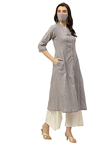 Image of Juniper Grey Solid Cotton Dobby A-Line Kurta with Buttons for Women