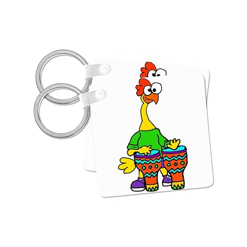 3dRose, Cool Funny Rubber Chicken Playing Bongo Drums Music Cartoon, set of 2 Key Chains
