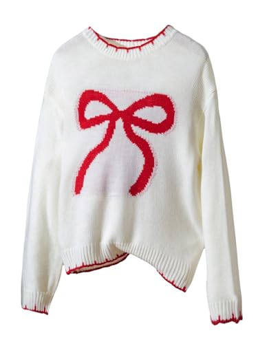 Image of RoseSeek Girl's Bow Graphic Sweaters Crewneck Long Sleeve Knit Pullover Tops Drop Shoulder Knitwear