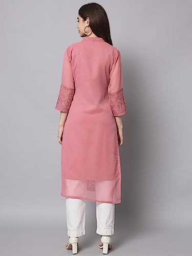 Image of Ekasya Women's Georgette Embroidered Work Kurta with Notch Neck 3 /4 Sleeves Straight Cut Calf Length | E1547