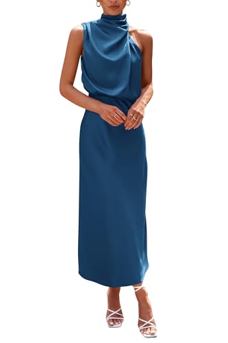 PRETTYGARDEN Women's 2026 Summer Satin Dress Elegant Sleeveless Mock Neck