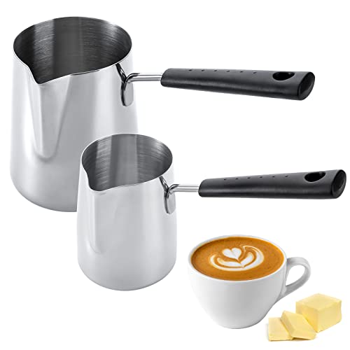 Dicunoy Set of 2 Milk Butter Warmer Pot, 350ml/650ml Turkish Coffee Pot with Cleaning Brush, Stovetop Chocolate Melting Pan