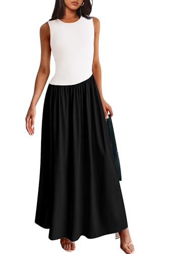 PRETTYGARDEN Women's Maxi Sundress Casual Summer 2025 Sleeveless Asymmetrical Drop Waist Patchwork Long Flowy Tank Dresses (Black White,Medium)