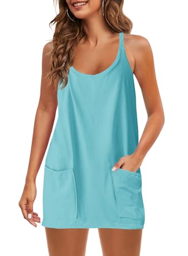 Image of Panadila Womens Summer Sleeveless Mini Dress V Neck Spaghetti Strap Sundress Athletic Short Dress with Pockets