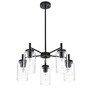 VINLUZ 5 Light Contemporary Chandeliers Black Modern Lighting Fixtures Hanging,Industrial Vintage Pendant Lights with Clear Glass Shade Flush Mount Ceiling Light for Dining Room Bedroom