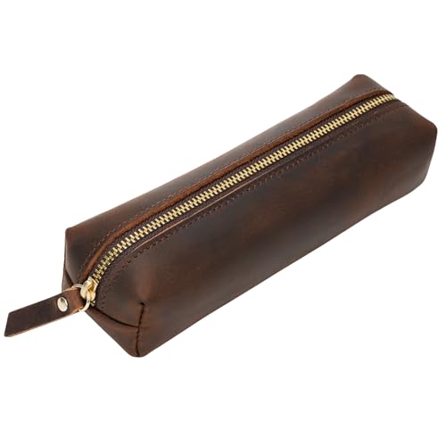 Image of ECHSRT Small Genuine Leather Pencil Pouch for Adults, Coffee | Crazy Horse Leather Finish, Compact Writing Instrument Storage