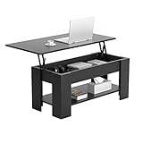 TLSUNNY Lift Top Coffee Table with Hidden Compartment, Rising Tabletop Dining Table with Storage Shelf, Pop Up Coffee Table for Home, Living Room, Reception Room, Office (Black)