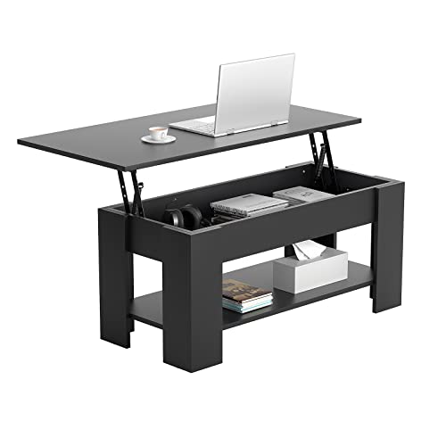 TLSUNNY Lift Top Coffee Table with Hidden Compartment, Rising Tabletop Dining Table with Storage Shelf, Pop Up Coffee Table for Home, Living Room, Reception Room, Office (Black)