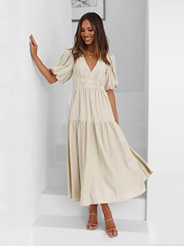 Women's Deep V-Neck Puff Short Sleeve Tiered Maxi Dress Flowy A Line Midi Dresses3