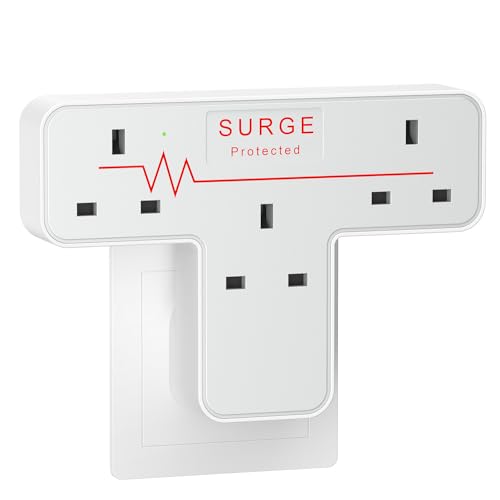 Multi Plug Adaptor, 3 Way Plug Adapter UK, Surge Protected Wall Plug Extender, Extension Plug Socket Turn 1 into 3, Multiplug Socket Adapter for Home Office