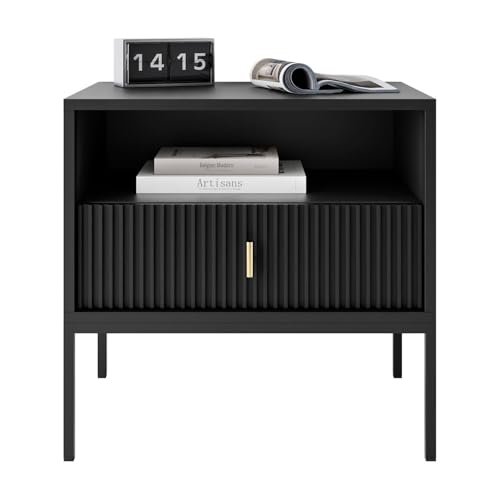 Lookway Nachttisch Midnight mit geriffelter Front auf schwarzem Metallgestell Goldfarbener Dekorgriff Modernes Schlafzimmermöbel (Schwarz)