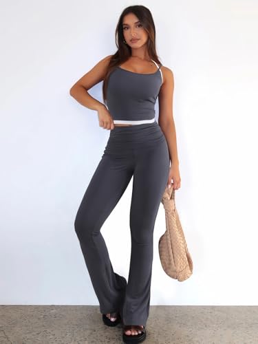 Image of Bellelily Women's 2 Piece Sets Casual Summer Outfits Spaghetti Strap Crop Tank Fold Over Yoga Flare Pants Comfy Loungewear