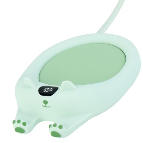 猫模様 カップウォーマー オフィスウォーマー 保温コスター スマホ スタンド ドリングウォーマー 3つ温度設定を備えた電気飲料ウォーマー 卓上用品 自動電源OFF機能付き 保温時間設定可能 マグカップウォーマー ココア ミルク用のコーヒーウォーマー グリー