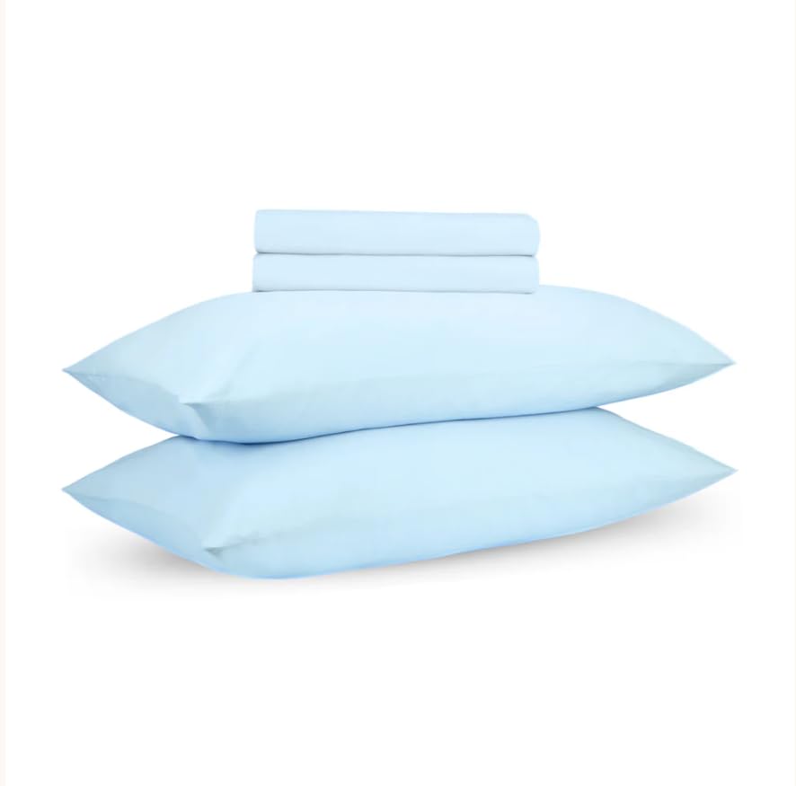 Image of Blue Summer Queen Fitted Percale Temperature Regulating Bedsheet Set - 100% Cotton, Soft Fitted Bedsheet 80x60 in + Pillow Covers 18x27 in, Lightweight Bed Linen for All Seasons