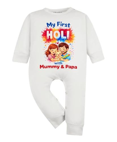Image of ARVESA My First Holi Baby Romper for Baby Boy and Baby Girl White Cotton 0-12 Months Design No 2123 Infant My First Holi Printed Cotton Romper