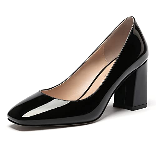 MODENCOCO Women's Thick Square Toe Patent Slip On Solid Block High Heel Pumps Shoes 3 Inch2