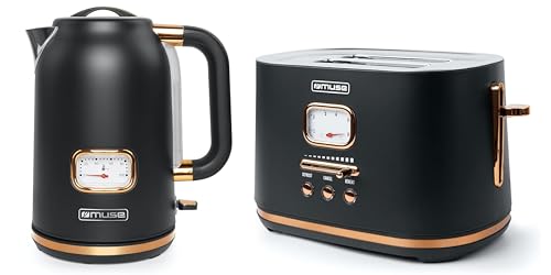 Muse Wasserkocher und Toaster Set, 2er Frühstücks-Set mit Retro Wasserkocher und 2 Scheiben Toaster mit analoger Anzeige, schwarz und Edelstahl