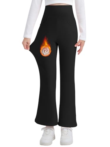 Girls Fleece Lined Flare Leggings with Pockets Winter Yoga Pants Black - image 2